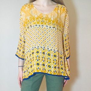 World Market Yellow Patterned Blouse Top Tunic